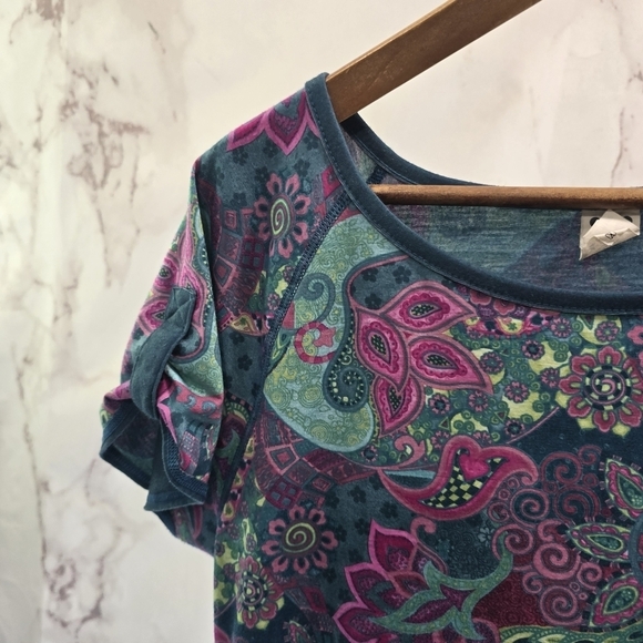 Title Nine Dress Women Medium Green Pink Mini Stretch Jersey Paisley Lettuce Hem - Picture 2 of 11